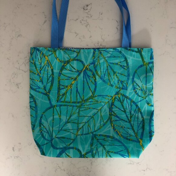Hand Crafted Reversible Fabric Utility Tote Bag Leaf Print/Geo Blue Sz OS NWOT - Picture 2 of 9
